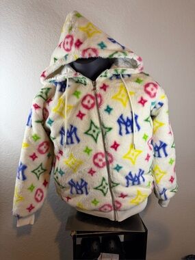 Watson NYC Mono Plush Faux Fur Hooded Jacket White Multi Color Size Medium NWT